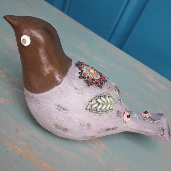 Carved Wood Bird Boho Hippie Decor Wooden Bird Figurine Embellished Beaded Art - Picture 6 of 16